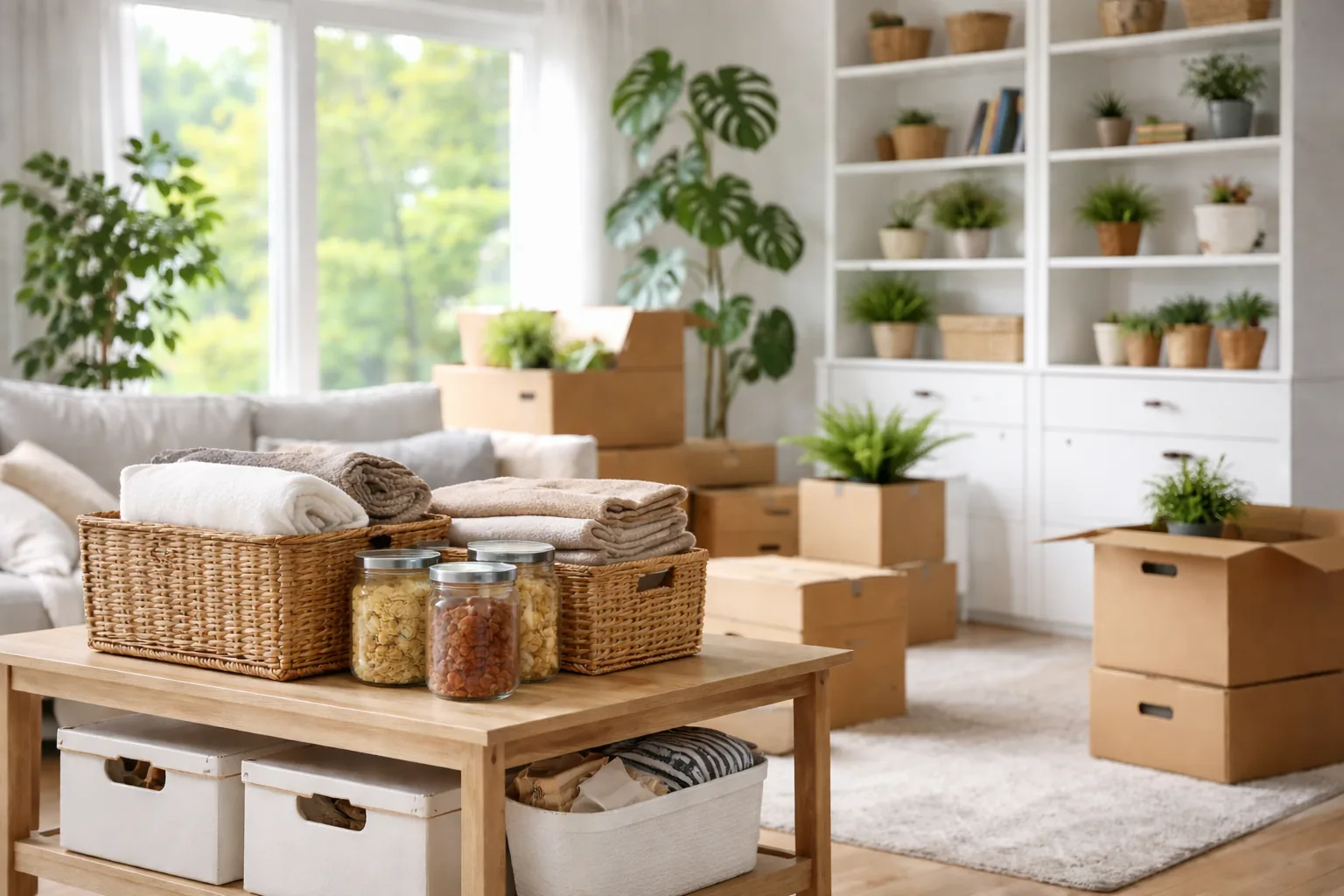 Decluttering before renovation with staged boxes and protected household items in Maryland