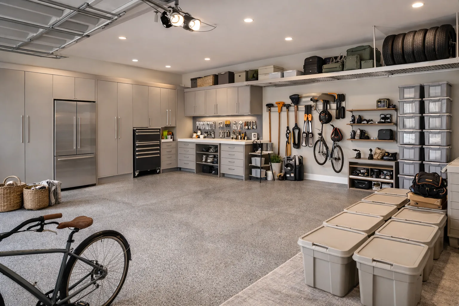Premium garage organization system with cabinets, tool wall, and hidden storage in Maryland
